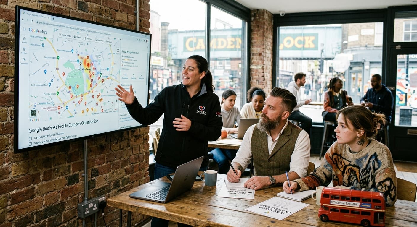 A digital marketing consultant presenting a Google Business Profile and Google Maps optimisation dashboard to clients in Camden Town