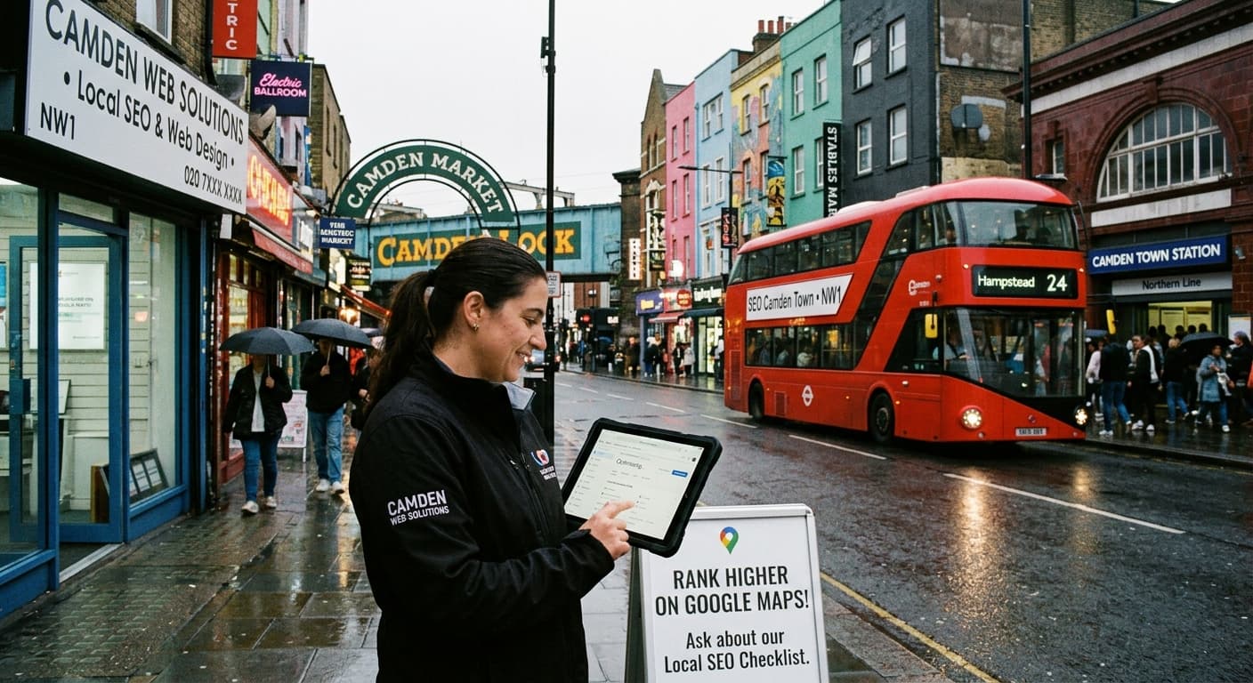 A local business owner on Camden High Street checking a Google Maps local SEO checklist on a tablet, with Camden Market in the background